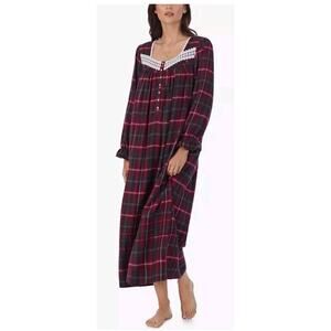 Eileen West Pink Plaid Flannel 3/4 Sleeve Nightgown Lace Ruffle Pockets S